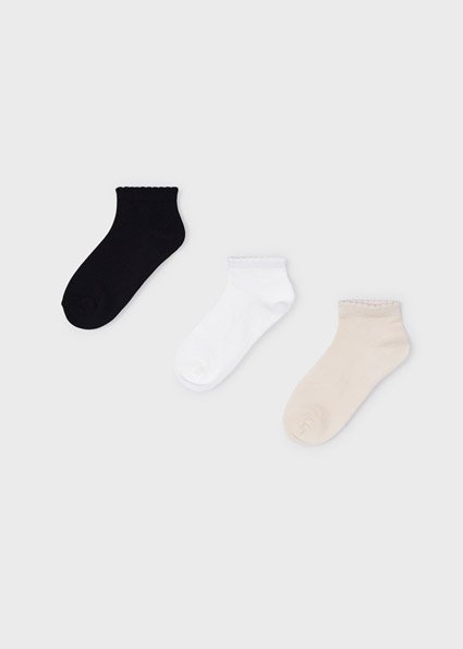 ECOFRIENDS garment contains organic cotton Three pair pack of socks for girl. Socks Outside 74% Cotton 23% Polyester 3% Elastane Washing instructions Socks Outside 74% Cotton 23% Polyester 3% Elastane Washing instructions Socks Outside 74% Cotton 23% Polyester 3% Elastane Washing instructions