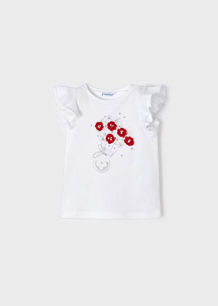 Short sleeved T-shirt with ruffled detailing for girl. Round neckline. Decorative elements: floral appliques, glitter, sequins. Patterned design. For safety reasons, the smaller sizes (2-3 years) may have some variations in the decorative elements used in the design. S/s t-shirt Outside 90% Cotton 5% Elastane 5% Polyester Washing instructions