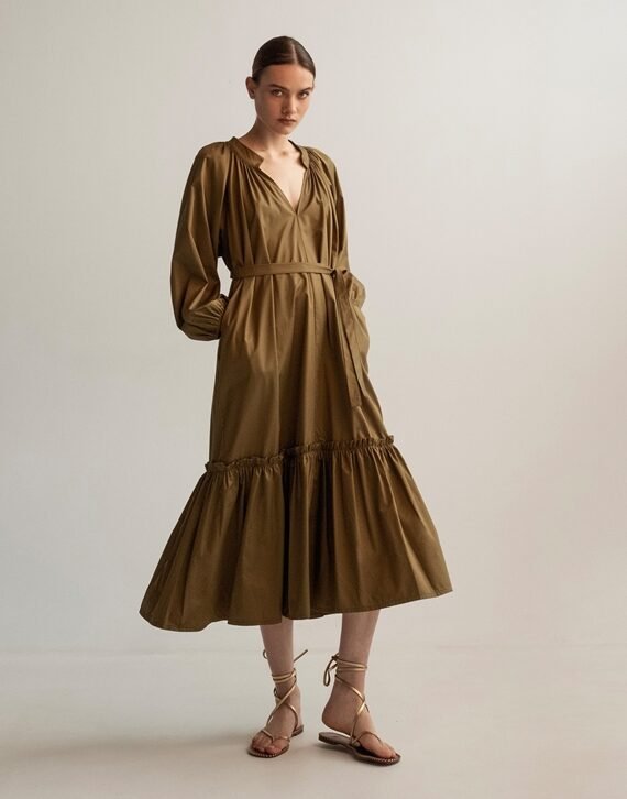 Olive Cotton Belted Long Dress