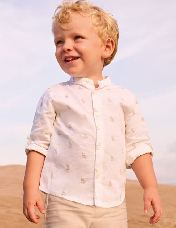 Long-sleeved linen shirt with baby mandarin collar