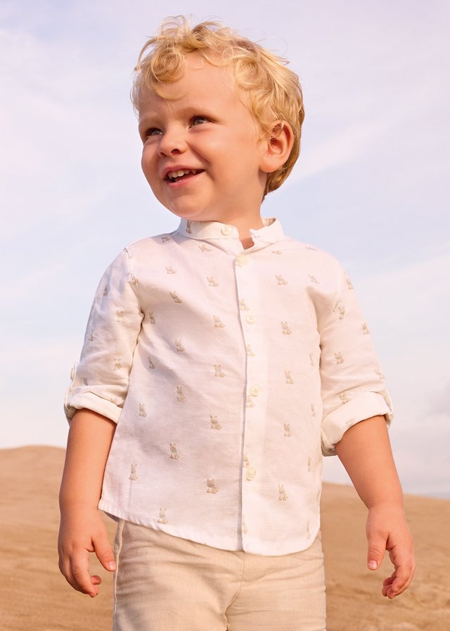 Long-sleeved linen shirt with baby mandarin collar