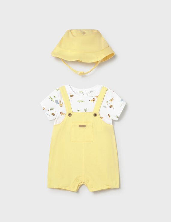 Mock dungarees with newborn hat