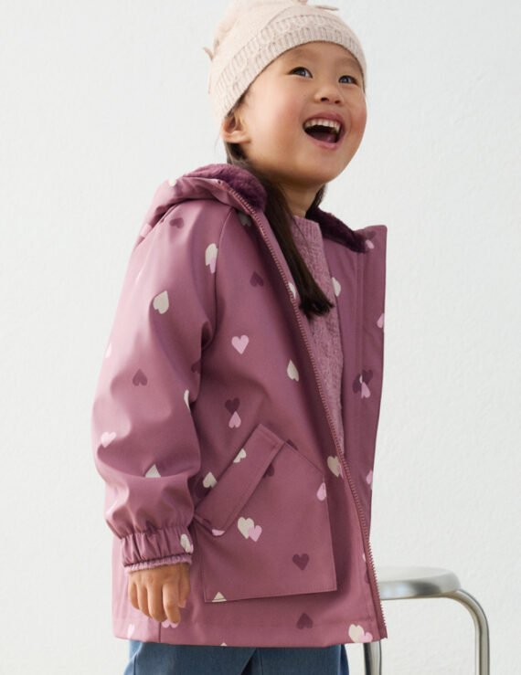 Girls' hooded rain jacket with fur trim