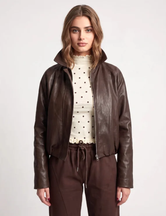 Leather brown bomber jacket