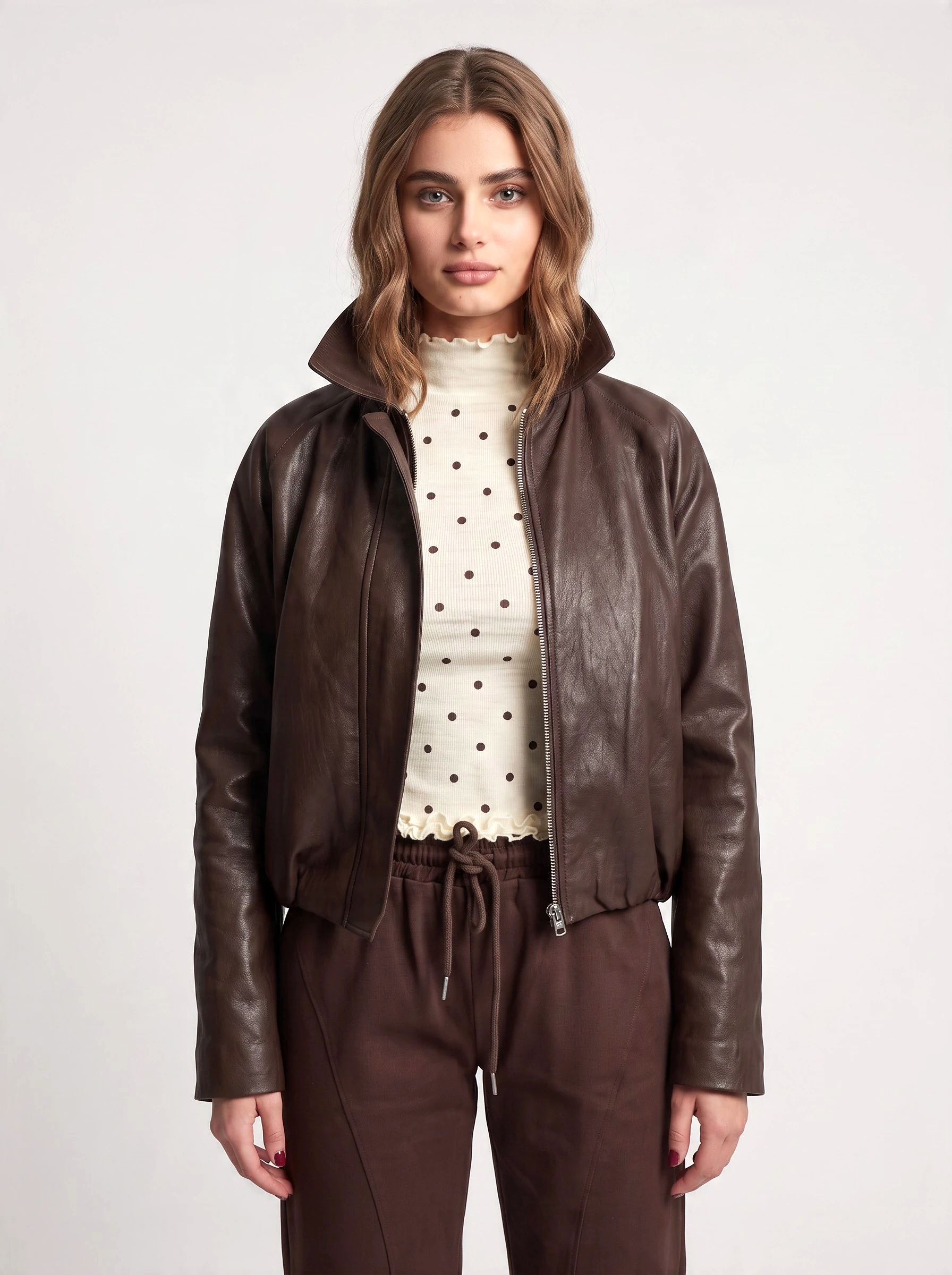 Leather brown bomber jacket